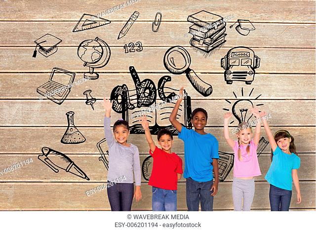 Composite image of elementary pupils smiling and waving