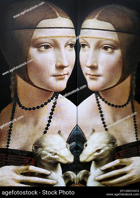 Women in Art, portrait of Lady with an Ermine painted by Leonardo Da Vinci in the year 1490, reflected in a mirror