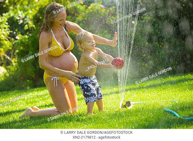 Pregnant woman in yellow bikini plays in the lawn sprinkler with her young son