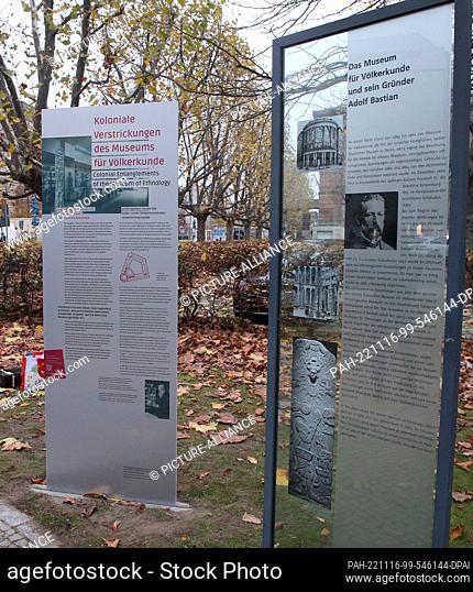 16 November 2022, Berlin: A memorial stele ""Colonial Involvements of the Museum of Ethnology"" stands on the site of the former Museum of Ethnology