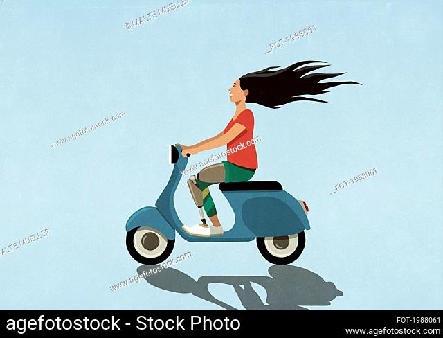 Carefree female amputee driving motor scooter