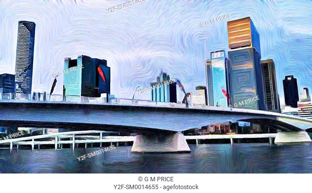 painting filter view of bridge over Brisbane river and city skyline