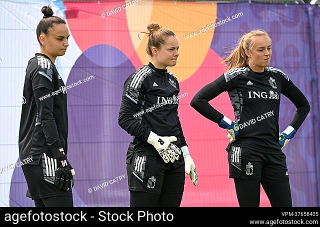 Belgium's goalkeeper Nicky Evrard, Belgium's goalkeeper Diede Lemey and Belgium's goalkeeper Lisa Lichtfus pictured during a training session of Belgium's...