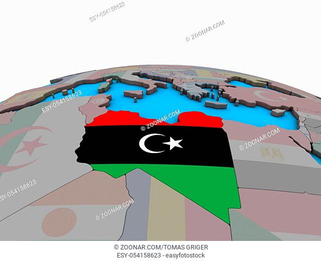 Libya with embedded national flag on political 3D globe. 3D illustration