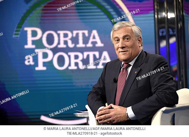 The President of European Parliament Antonio Tajani during the tv show Porta a porta, Rome, ITALY-26-09-2018