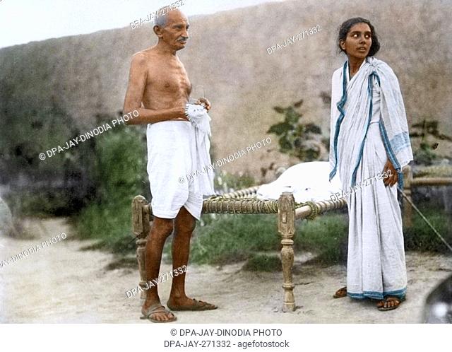 Mahatma Gandhi and Dr Sushila Nayar at Utmanzai, Pakistan, October 9, 1938