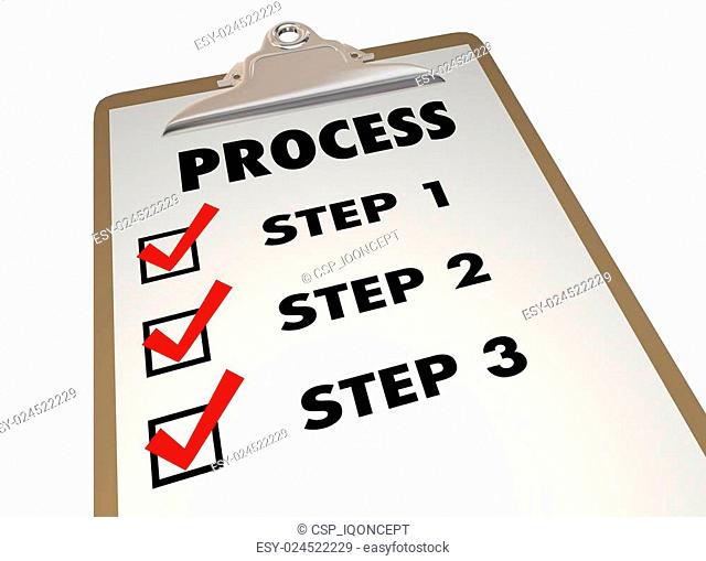 Process Steps System Procedure Clipboard Checklist Words 3d Illustration