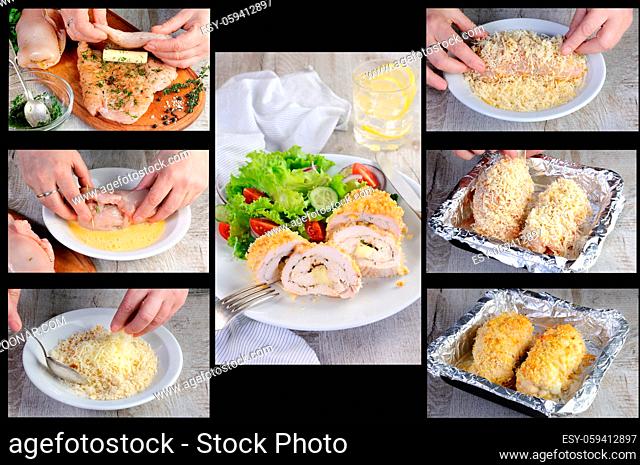 Step-by-step recipe for chicken roll with greens and mozzarella in breading