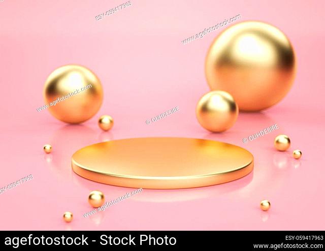 Gold pedestal with gold spheres scattered around, in pink studio. 3D render