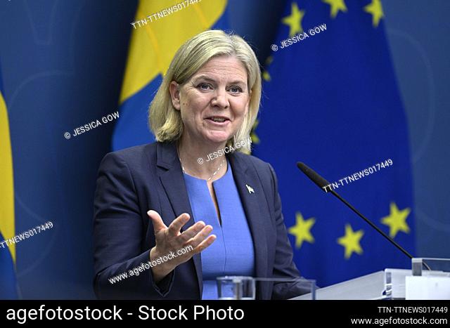 Sweden's Prime Minister gives a news conference in Stockholm, Sweden, on Sept. 14, 2022. Andersson said she will resign, as final election results are near