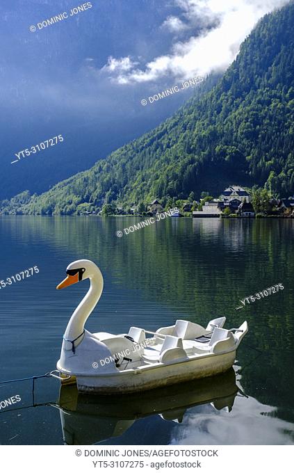 Swan Boats for hire on Hallstatter See, Hallstatt, Upper Austria, Austria, Europe