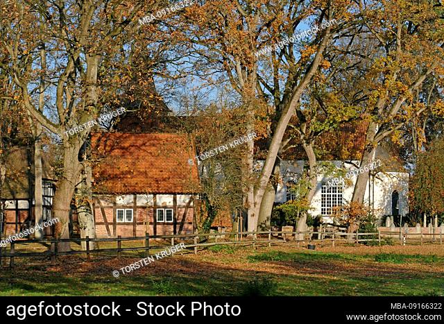 Old cemetery wall with home town Irmintraut and Liebfrauenkirche in autumn, Fischerhude, Lower Saxony, Germany, Europe