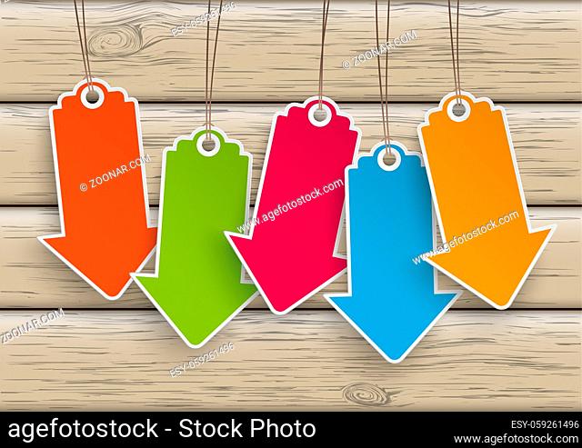 5 colored price stickers on the wooden background. Eps 10 vector file