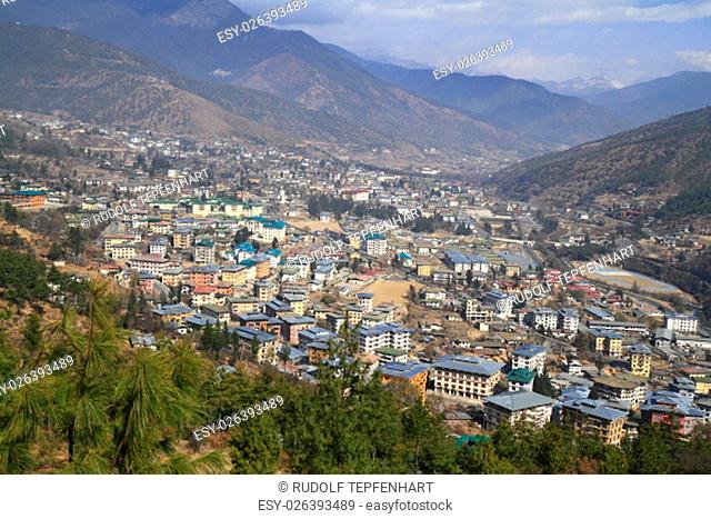 The city of Thimphu situated in the western central part of Bhutan