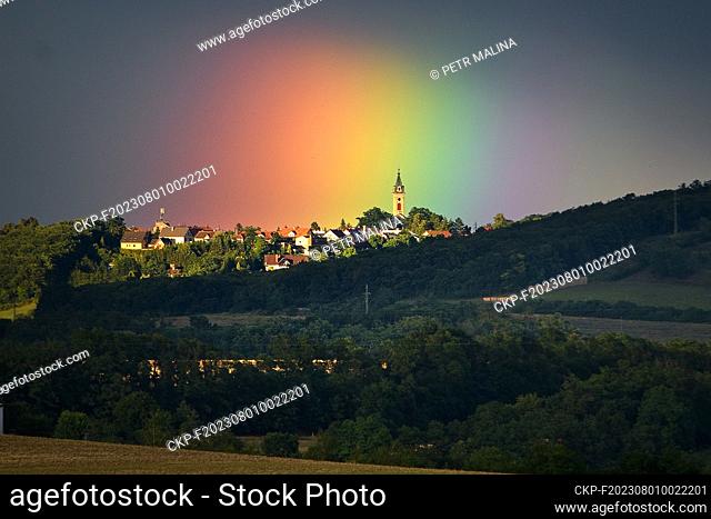 A view of the village of Krabcice, Czech Republic, with a special display of part of the rainbow on August 1, 2023. (CTK Photo/Petr Malina)