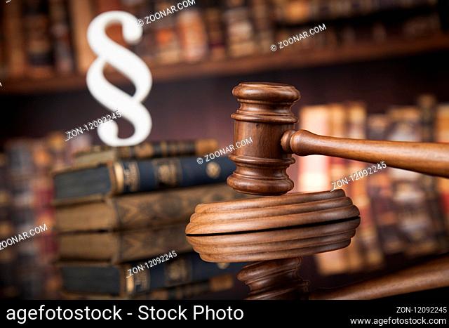 Paragraph, law and justice concept, wooden gavel, mirror background