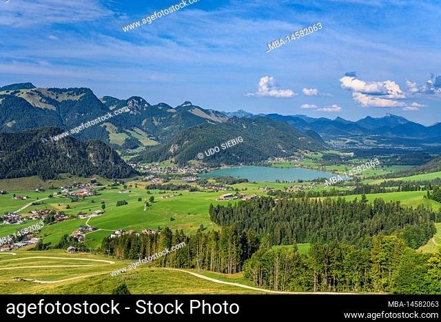 Austria, Tyrol, Kaiserwinkl, Walchsee, Durchholzen, view from amusement park Zahmer Kaiser