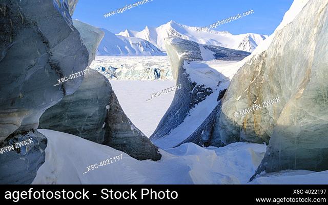 Serac, glacier Fridtjovbreen. Landscape in Van Mijenfjorden National Park, (former Nordenskioeld NP), Island of Spitsbergen, part of Svalbard archipelago