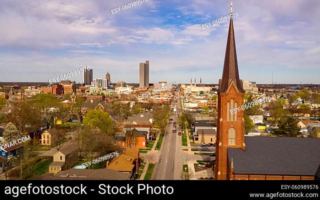 Aerial view over the downtown city skyline of Fort Wayne Indiana USA