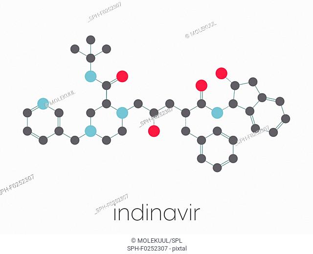 Indinavir HIV drug molecule. Belongs to protease inhibitor class. Stylized skeletal formula (chemical structure). Atoms are shown as color-coded circles...