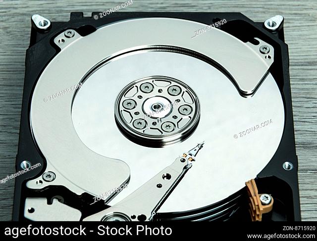Close up of open computer hard disk drive HDD