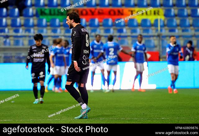Oostende's Fraser Hornby looks dejected during a soccer match between KRC Genk and KV Oostende, Saturday 25 February 2023 in Genk