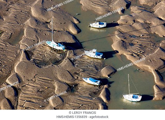 France, Vendee, Jard sur Mer, boats in the marina at low tide (aerial view)