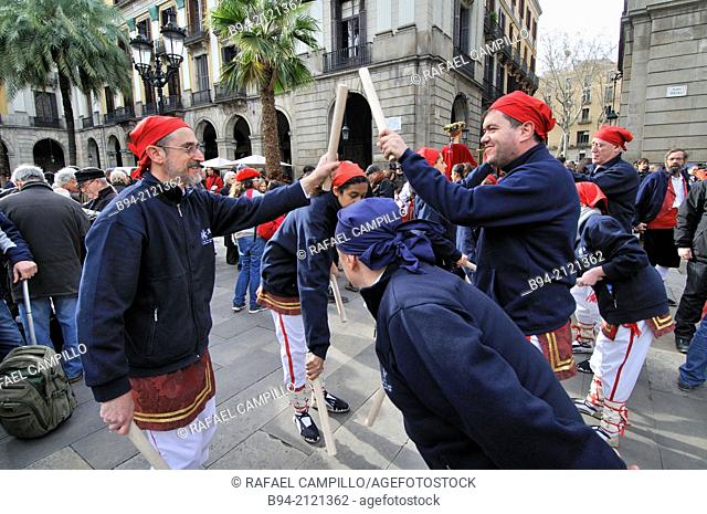 Ball de Bastons (Dance of sticks). Celebration of saint Eulalia martyr, February 12. 290-303 AD. Canonized 633 AD. Copatron of Barcelona, Plaça Reial