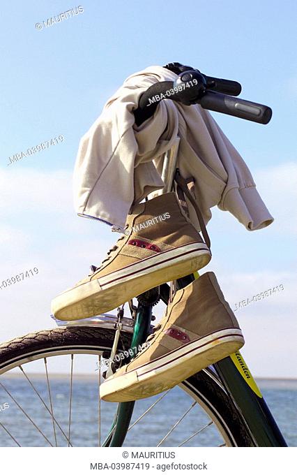 Sea, beach, bicycle, shoes, jacket, close-up, detail
