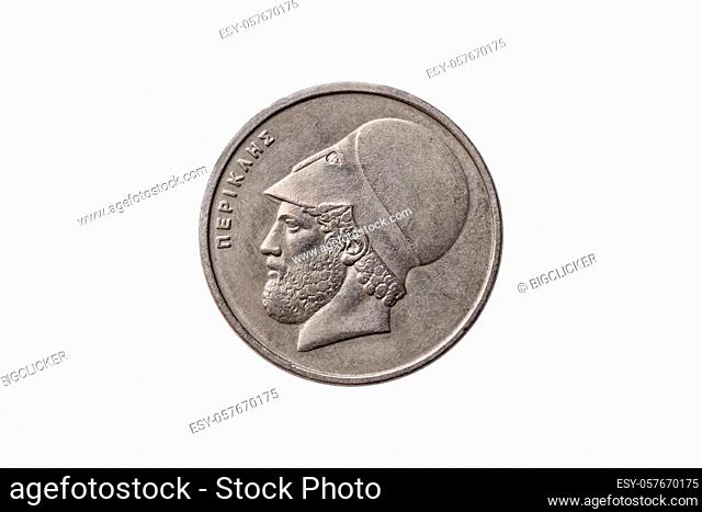 Greek 20 Drachma coin dated 1982 with a portrait image of Pericles (495 – 429 BC) cut out and isolated on a white background