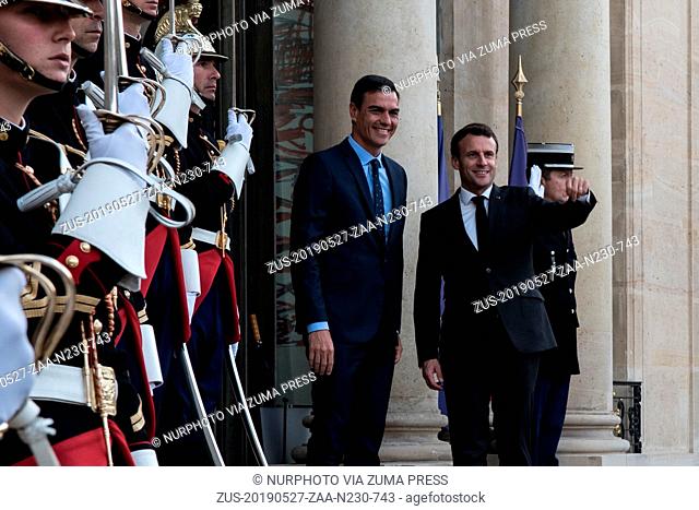 May 27, 2019 - Paris, France - French President Emmanuel Macron welcomes Spanish Prime Minister Pedro Sanchez prior to a working dinner at the Elysee...