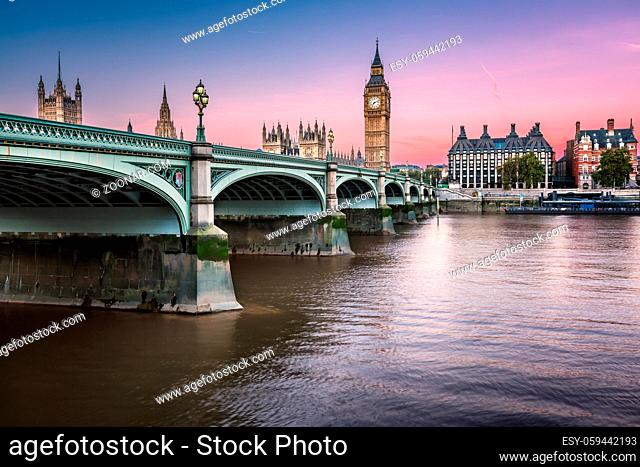 Big Ben, Queen Elizabeth Tower and Westminster Bridge Illuminated at Dawn, London, United Kingdom
