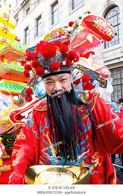 England, London, Chinatown, Chinese New Year Parade, Participant Dressed as Lucky God