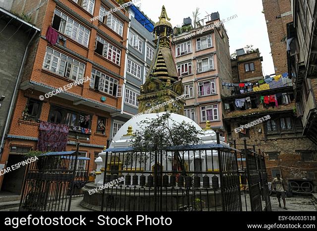 Kathmandu, Nepal - September 2021: Stupa located between Thamel and Durbar Square in the heart of Kathmandu on September 22, 2021 in Kathmandu, Nepal