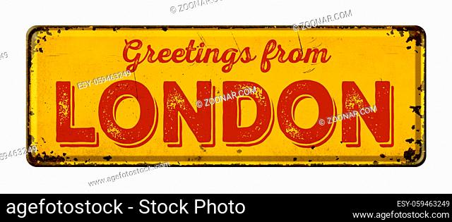 Vintage metal sign on a white background - Greetings from London