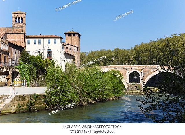 Rome, Italy. Isola Tiberina or Tiber Island with the Ponte Fabricio built in the first century BC