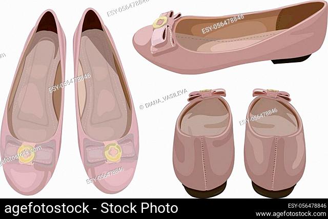 Vector Illustration of Ballet Flats in Dusty Pink Color, Fashionable Look. Drawing of Dolly Shoes in Different Views. Concept of Women's Dolly Shoes
