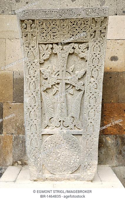 Historic cross-stone, khachkar, at the main Armenian orthodox cathedral, UNESCO World Heritage Site, Echmiadzin, Armenia, Asia
