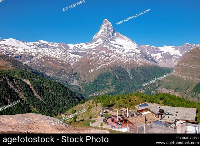 Panorama View from Sunnegga - The Mighty and Beautiful Matterhorn Peak, The Famous and Iconic Swiss Mountain in the Alps, Zermatt, Valais, Switzerland