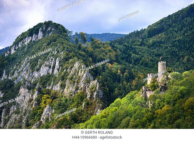 New falcon's stone, Switzerland, Europe, canton Solothurn, Solothurner Jura, Jura, castle, wood, forest, rock, cliff, autumn