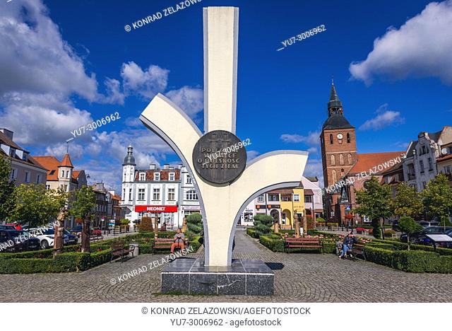 Monument for ""those who died in a fight for Polish freedom"" on market square of Biskupiec city in Warmian-Masurian Voivodeship of Poland