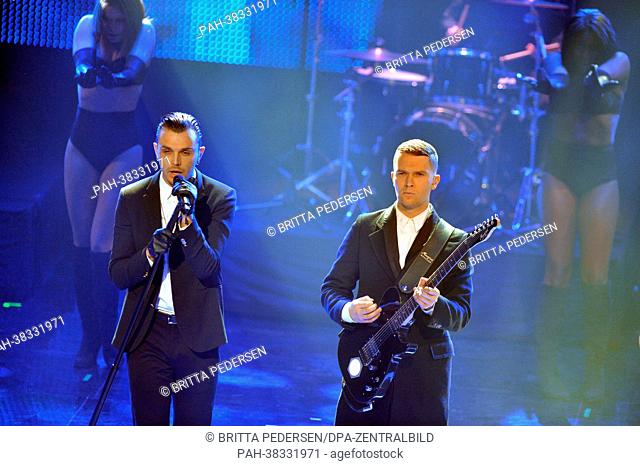 British duo Hurts, Theo Hutchcraft and Adam Anderson, performs during the 2013 Echo Music Award ceremony in Berlin, Germany, 21 March 2013