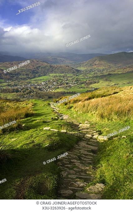 The view from Wansfell over the town of Ambleside in the Lake District National Park, Cumbria, England