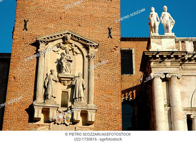 Vicenza, Italy: detail of Torre Bissara and Basilica Palladiana, in Piazza dei Signori