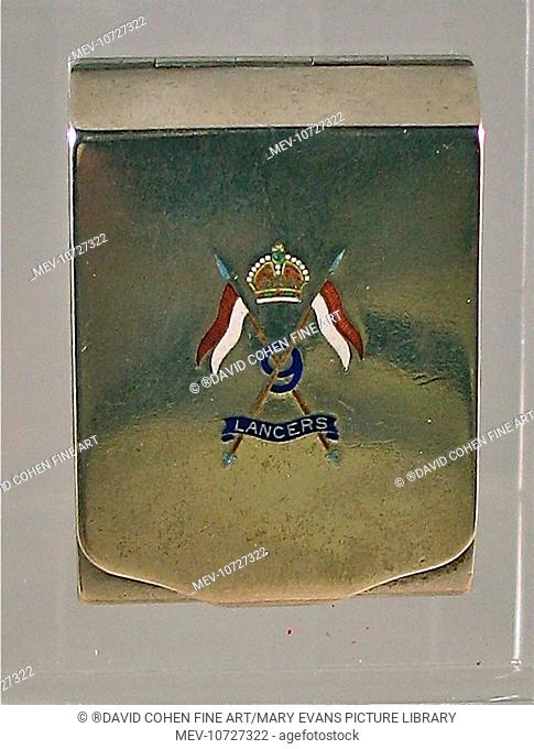 Silver matchbook cover with the enamelled badge of the 9th Lancers, dated Christmas 1915. Manufactured by the firm of Percy Edwards & Company