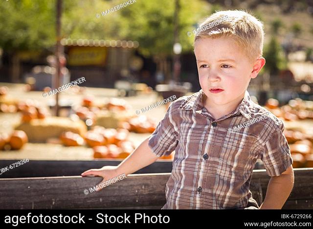 Adorable little boy standing against old wood wagon at pumpkin patch in rural setting