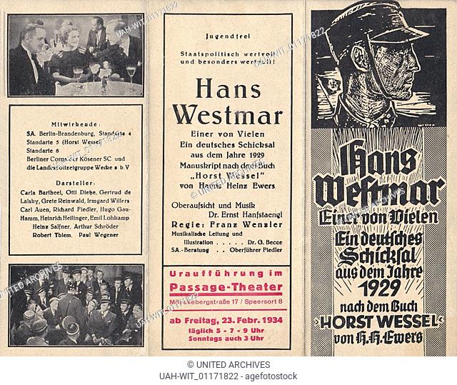Vorderseite des Programmblatts zum Film ""Hans Westmar ? Einer von vielen"", der im Jahr 1933 in Berlin unter der Regie von Franz Wenzler gedreht wurde