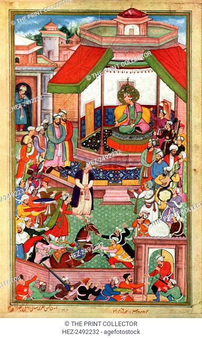 Abu'l-Fazl ibn Mubarak presenting the Akbarnama to Akbar. Abu'l-Fazl ibn Mubarak (1551-1602) was the vizier of Akbar (1542-1605), the third Mughal emperor