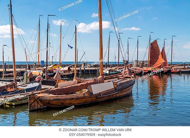 Dutch harbor of Urk with traditional wooden fishing boats