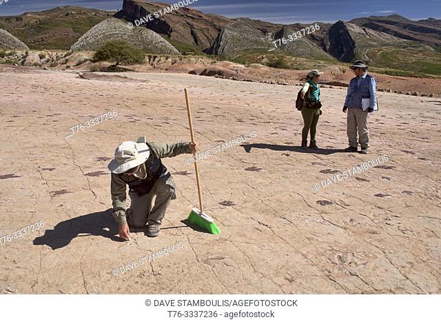 Paleontologist studying dinosaur footprints in Torotoro National Park, Torotoro, Bolivia